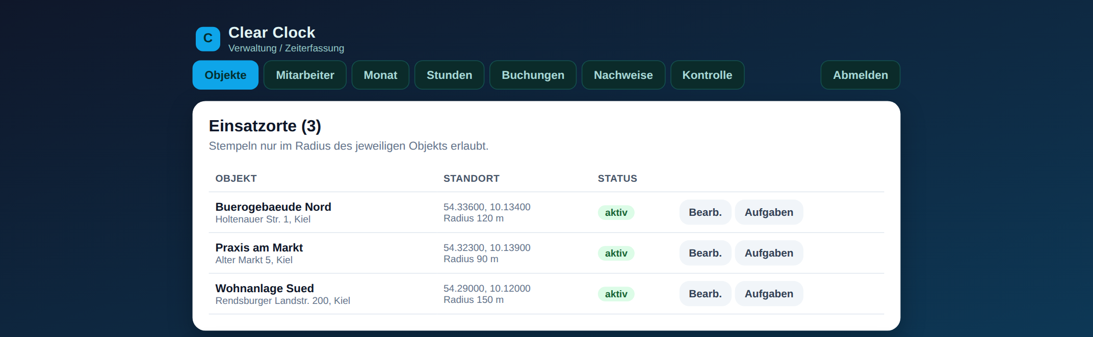 Clear Clock Verwaltung – Objekte & Reports